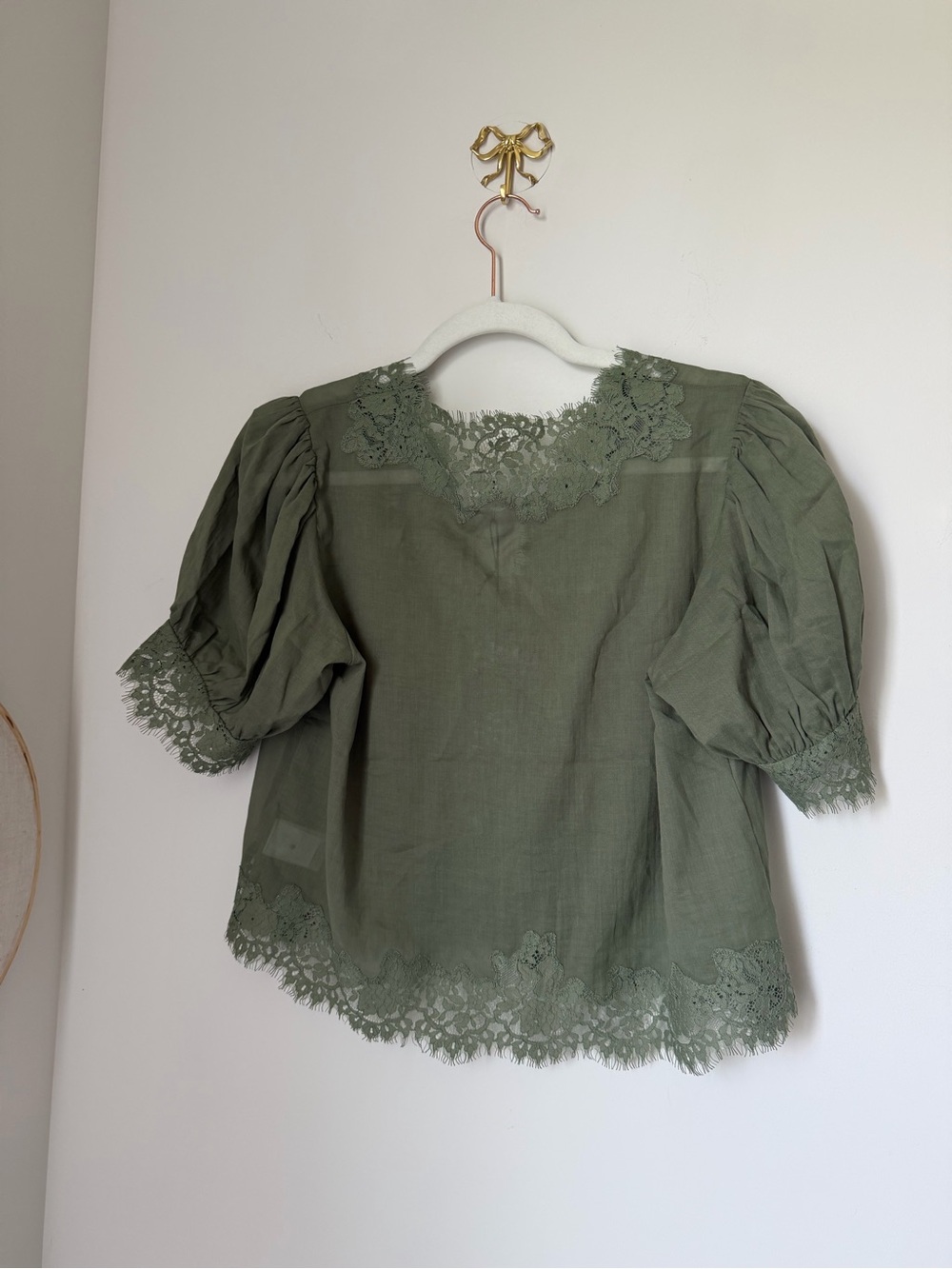 Olive Green cotton Lace-Trim Puff Sleeve short sleeve Blouse - Picture 7 of 7